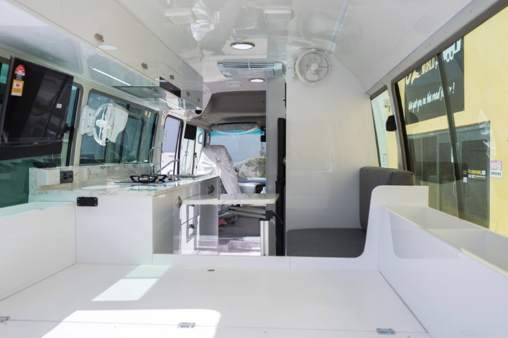 Internal fitout of a toyota coaster conversion to motorhome
